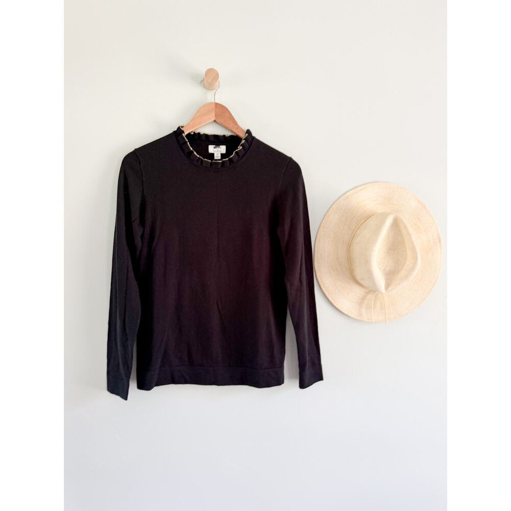 J Crew Factory | NWT Ruffleneck Sweater Black Gold Metallic Trim | Sz XS